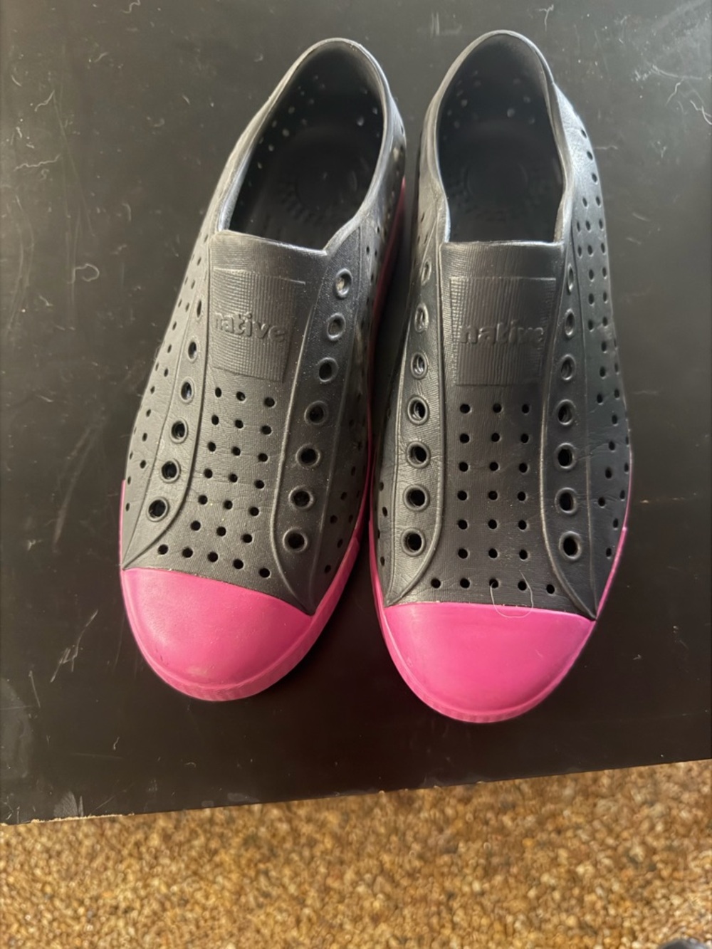 Native Black Slip-On Sneakers with Pink Toe Caps